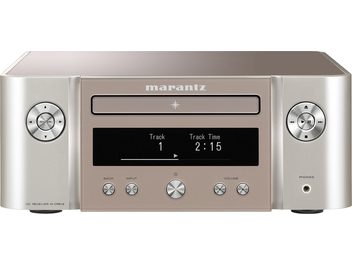 Sistem audio compact Marantz MCR-612 argintiu, față din metal perii, ecran LCD, butoane, rotiţe, difuzoare
