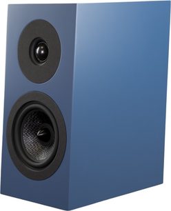 Акустична библиотека Davis Acoustics Courbet №3 синя, изглед под ъгъл, правоъгълен корпус, 2 кръгли черни високоговорителя