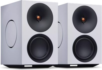Paar Cambridge Audio L/R X witte draadloze luidsprekers, rechthoekig front met dubbele zwarte luidsprekereenheden