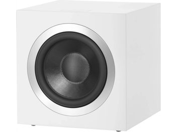 Λευκό κυβικό υπογούφερ Bowers & Wilkins DB4S, μαύρο ηχείο, διάτρητη μεταλλική σχάρα