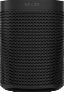 Trådløs, tilsluttet Sonos One (Gen 2) højttaler i mat sort, cylindrisk form med sort gitterbeklædning over hele overfladen, "SONOS"-logo øverst