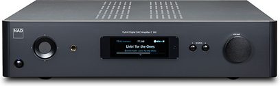Ampli hi-fi стерео NAD C389 черен, преден изглед, синьо LED дисплейче, бутони и входове на предната страна, вентилационна решетка на горната част