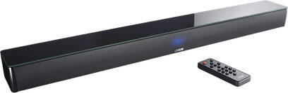 Černý podlouhlý soundbar Canton Smart Soundbar 9 S2 s kovovou přední stranou, jemnou mřížkou, centrální modrou LED a samostatným černým dálkovým ovladačem