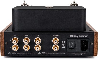 Sluchátkový hi-fi předzesilovač Feliks Audio Echo MKII Vibe černý, zadní pohled s RCA konektory a viditelnými elektronkami