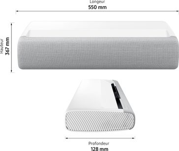 Projektor Samsung The Premiere SP-LSP9TFA bílý, pohled z profilu, rozměry 550 mm na délku, 367 mm na výšku a 128 mm do hloubky