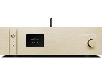Ενσωματωμένος hi-fi ενισχυτής Gold Note IS-1000 MKII LINE gold σε βουρτσισμένο αλουμίνιο χρυσό, μαύρη οθόνη, κουμπί στα δεξιά, υποδοχή jack