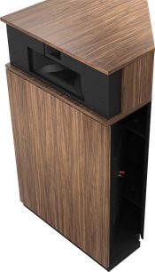 Sloupcový reproduktor Klipsch Khorn AK7 v americkém ořechu s černými detaily, pohled zezadu a shora ukazující zadní a horní panel