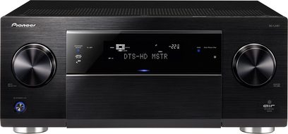 Pioneer SC-LX87 sort hjemmebiografsforstærker, set forfra, blå skærm, sølvfarvede knapper og drejeknapper, 2 store drejeknapper, hovedtelefon- og mikrofonindgange