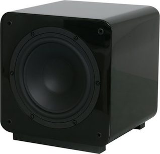 Tangent Evo E8 2.1 sort subwoofer, set forfra, kubisk form, central rund højttaler, mat sort materiale