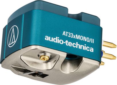 Monofonní přenoska Audio-Technica AT33xMONO/II, modro-šedé kovové tělo, pohled ze tří čtvrtin, zlatý hrot a pozlacené piny