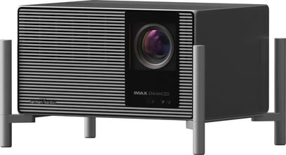 Videoproiettore XGIMI Titan nero pro, frontale argentato a righe con obiettivo centrale e piedini grigio antracite