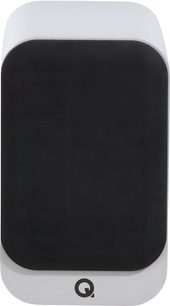 Q Acoustics 3010c white bookshelf speaker, front view, cabinet with rounded corners and a large black fabric front grille covering almost the entire front panel, with a centered black Q logo at the bottom