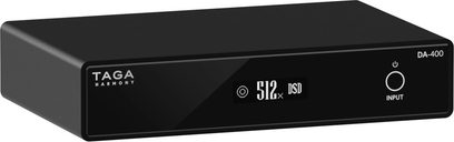 Convertitore audio DAC Taga Harmony DA-400 nero, vista frontale, display "512x DSD", porta di ingresso a destra