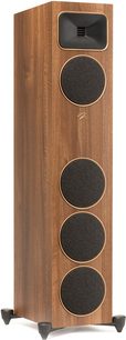 Sloupcový reproduktor MartinLogan Foundation F2 v ořechovém provedení, přední pohled, dřevěný, 4 kulaté černé reproduktory, černý obdélníkový výškový reproduktor