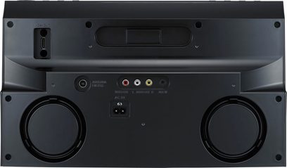 Pioneer XW-NAV1 sort multimedie-højttaler, set forfra, med LCD-skærm, knapper og stik på forsiden