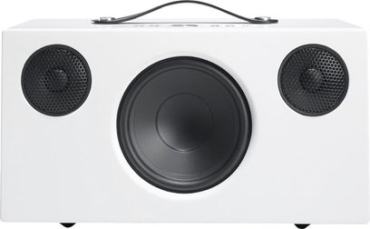Enceinte Audio Pro ADDON C10 blanc, vue de face, 2 haut-parleurs circulaires noirs, 1 haut-parleur central noir, poignée noire