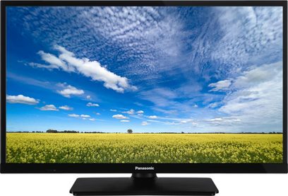 Panasonic TX-24J330E tv set set forfra, der viser et landskab med en rapsmark under en blå himmel med skyer