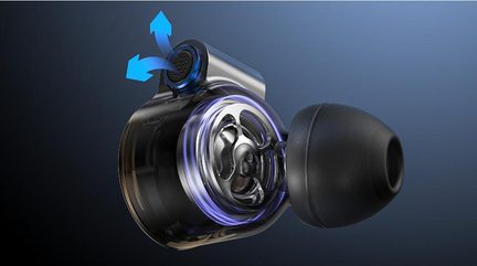 Oblique close-up of an in-ear earphone with a black silicone tip, transparent plastic shell revealing a metallic driver, and a top vent surrounded by blue arrows