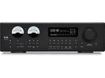 Convertitore audio T+A DAC 200 nero, vista frontale con due vu-meter, schermo centrale e grande manopola