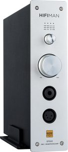 Предусилител за слушалки с високо качество Hifiman EF500, изглед отпред, правоъгълен черен и сребрист корпус, 2 кръгли сребристи бутона, 2 джека, 2 сребристи винта