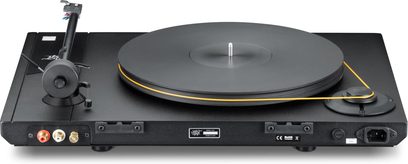 Pickup vinil MoFi Electronics StudioDeck negru, vedere din spate cu platou, braț și curea vizibilă