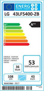 Energimærke til LG 43LF5400-ZB TV, energiklasse A+, 53 kWh/år, 108 cm, 43 tommer, fra 2010/1062 til 2017