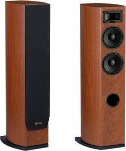 Sloupová reprosoustava Davis Acoustics Stentaure LE ořech, dřevo, černá, dva reproduktory, bass-reflex port, pohled zepředu