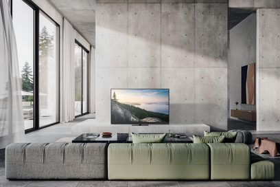 Panasonic TV-77Z90B must televiisor, õhuke metallraam, lameekraan, paigaldatud ristkülikukujulisele keskjalale, vaade eest