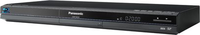 Panasonic DMP-BD65 sort Blu-ray-afspiller, set forfra, blå LED-display "02:00:00", blank frontpanel, kontrolknapper
