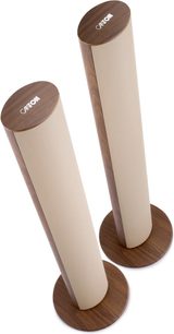 Par gulvhøjttalere Canton Puro 90 i valnøddefinish, cylindrisk design med beige front og rund base