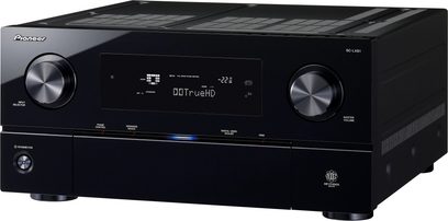 Pioneer SC-LX81 sort audio-/videforstærker, frontvisning, blåt digitalt display, knapper og stik på forsiden