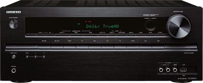 Onkyo TX-NR414 sort hjemmebiografsforstærker, frontpanel, grønt display "Dolby TrueHD", knapper og drejeknapper til justering