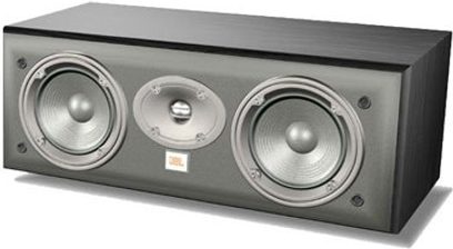 JBL EC25 sort central højttaler set forfra, 2 mellemtone-højttalere, central diskanthøjttaler, skrueterminaler