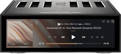 Geïntegreerde stereo hi-fi versterker Rose RS520 zwart, metalen behuizing, grote voorkant met kleuren touchscreen, vooraanzicht