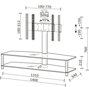 Tv-møbel i glas og metal med 2 hylder, drejelig tv-holder 45°, til skærme op til 50 kg/100-770 mm, B1400xD435xH790 mm