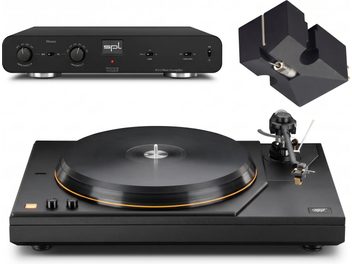 Sort pladespiller med tonearm til højre, SPL Phonos-forforstærker og pickup i nærbillede