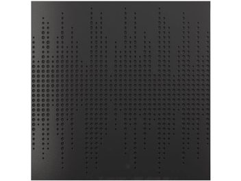 Pannello fonoassorbente nero opaco perforato da numerosi fori circolari regolarmente distribuiti su tutta la sua superficie