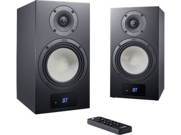 Glossy black Canton Smart GLE 3 S2 wireless speakers with BT display and remote control