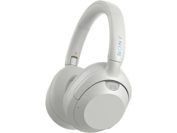 Draadloze Bluetooth hifi-hoofdtelefoon Sony ULT WEAR wit, driekwart zicht, gewatteerde hoofdband, ovale oorkussens, zichtbaar logo