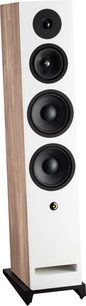 Vloerstaande luidspreker Davis Acoustics Krypton 9 Nordik wit, driekwart aanzicht, witte voorkant met 4 ronde zwarte luidsprekers, zijkanten van licht hout, rechthoekige zwarte voet.