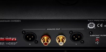 Pré-amplificador estéreo Primare R35 preto, vista traseira, conectores de áudio analógico RCA esquerda/direita, filtro subsônico