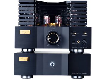 Amplificatore stereo a valvole Cayin Soul 170HA composto da due blocchi sovrapposti in alluminio spazzolato nero, vista frontale, con griglie laterali lucide, grande manopola del volume con bordo dorato, valvole a vista e connettori per cuffie a destra