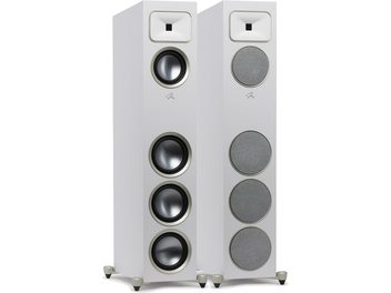 Enceinte colonne MartinLogan Foundation F2 blanc mat, vue de face, 4 haut-parleurs ronds noirs et 4 grilles rondes grises