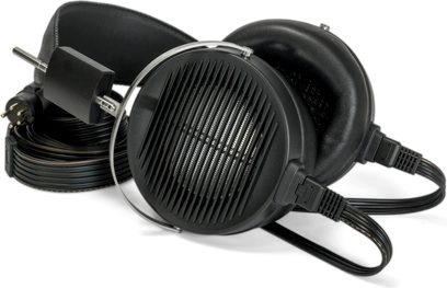 Avatud hifi-kõrvaklapid STAX SR-X1, eestvaade, mustad kõrvapadjad, must peavõru, must keerdus kaabel, 5-kontaktiline pistik