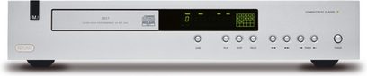 Arcam FMJ-CD17 sidabrinės spalvos CD grotuvas, priekinis vaizdas, sidabrinė priekinė dalis su žaliu ekranu, juodais mygtukais ir jungtimis, Arcam logotipas