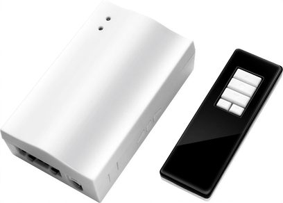 Transmissor sem fio Screen'up ZTELESCREENUP4, caixa branca retangular com portas e controle remoto preto com 4 botões brancos