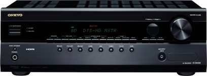 Onkyo TX-SR308 sort home cinema-forstærker set forfra, blåt display, knapper og stik på forsiden