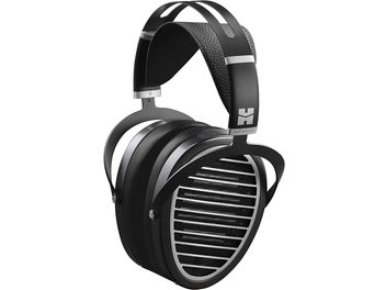 Fones de ouvido hi-fi abertos Hifiman Ananda Stealth Magnet (V3), visão lateral esquerda, transdutores ovais prateados e pretos, arco preto