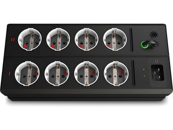 Svart strømskinne EAT Essential Audio Tools MM8+, 8 Schuko-kontakter, røde indikatorlamper, grønn bryter, sett forfra