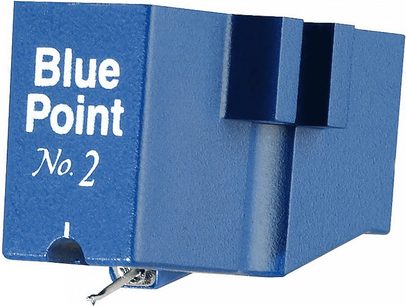 Sumiko BLUE POINT N°2 vinylpickup-enhed, nærbillede forfra, dyb blåglinsende kabinet, hvid etiket